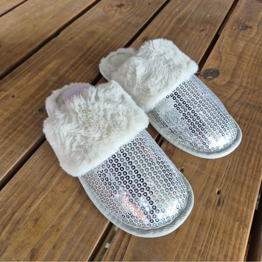 Auden Womens Silver Sequin Faux Fur Trim Slipper Mules New M‎ (7/8)